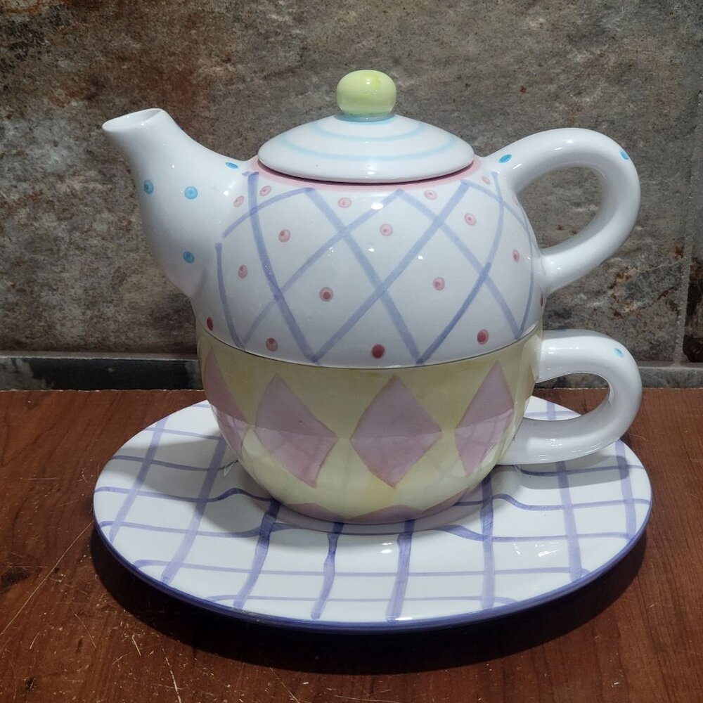Tea  For One Stacking Set Nesting Geometric Pattern - Picture 7 of 10